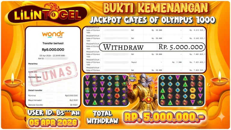 BUKTI WITHDRAW LILINTOGEL KEMENANGAN JACKPOT DI GATES OF OLYMPUS 1000 05 APRIL 2026