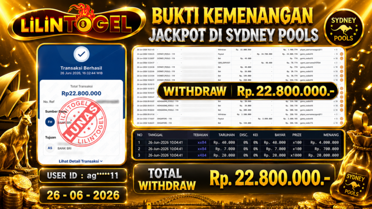BUKTI WITHDRAW LILINTOGEL KEMENANGAN JACKPOT DI SYDNEY POOLS 26 June 2026