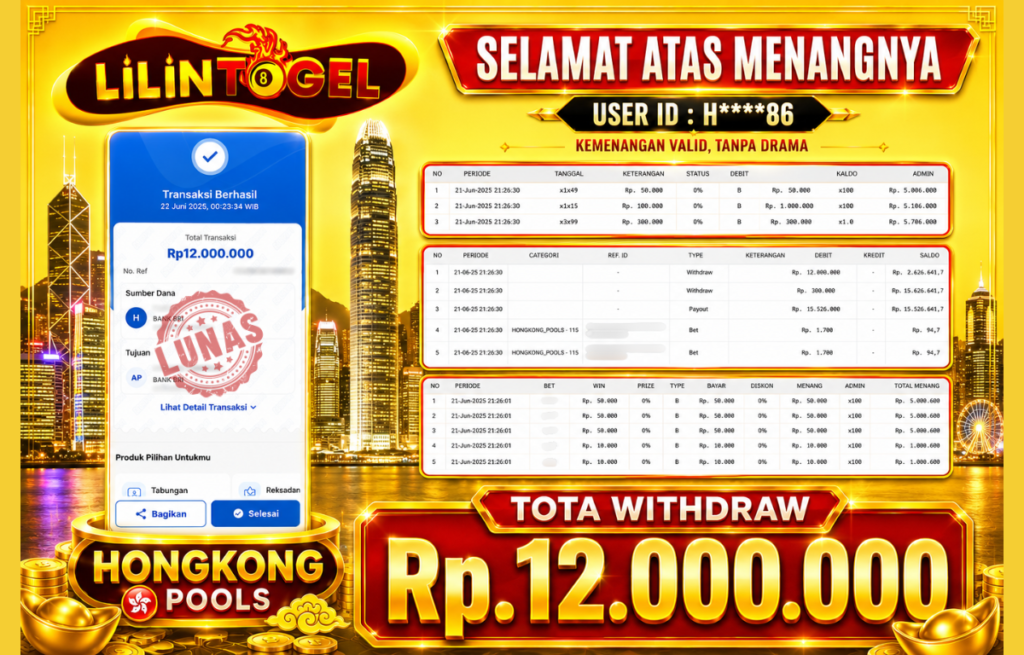 BUKTI WITHDRAW LILINTOGEL KEMENANGAN JACKPOT DI HONGKONG POOLS 22 June 2026