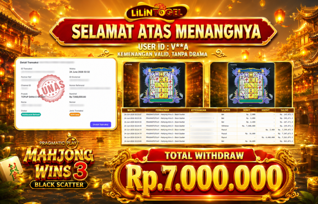 BUKTI WITHDRAW LILINTOGEL KEMENANGAN JACKPOT DI Mahjong Wins 3 – Black Scatter 24 June 2026