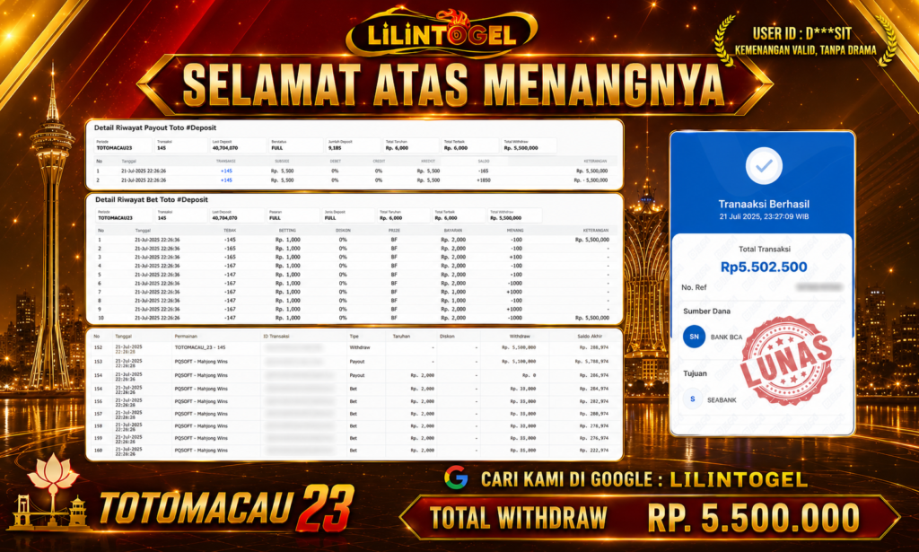 BUKTI WITHDRAW LILINTOGEL KEMENANGAN JACKPOT DI TOGEL TOTOMACAU23 21 Juli 2026