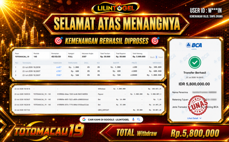 BUKTI WITHDRAW LILINTOGEL KEMENANGAN JACKPOT DI TOGEL TOTOMACAU19 22 Juli 2026