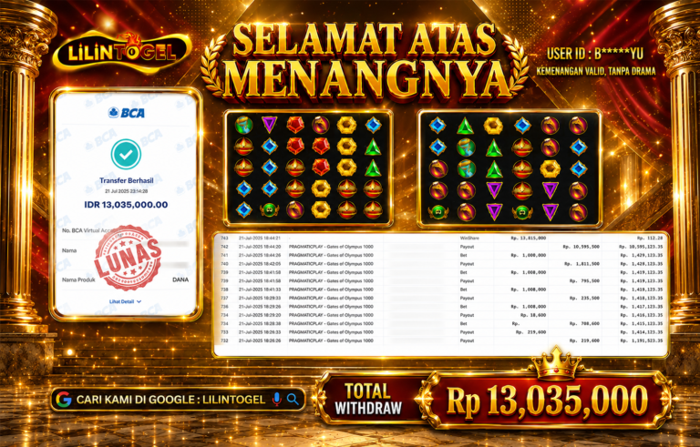 BUKTI WITHDRAW LILINTOGEL KEMENANGAN JACKPOT DI GATE OF OLYMPUS1000 21 Juli 2026