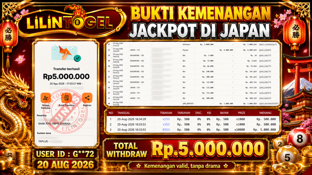 BUKTI WITHDRAW LILINTOGEL KEMENANGAN JACKPOT DI JAPAN 20 AUG 2026