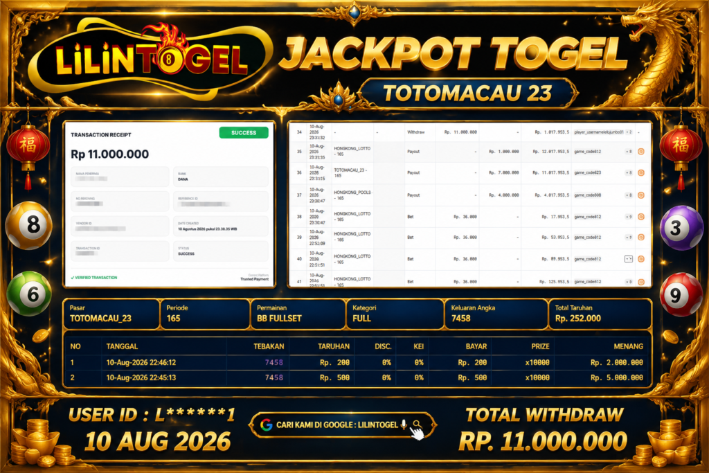 BUKTI WITHDRAW LILINTOGEL KEMENANGAN JACKPOT DI TOTOMACAU 23 10 Aug 2026