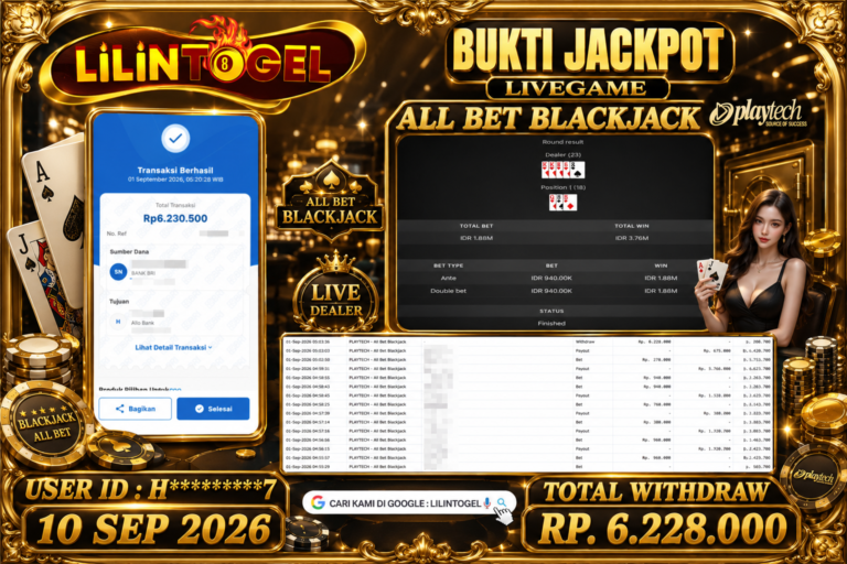 BUKTI WITHDRAW LILINTOGEL KEMENANGAN JACKPOT DI ALL BET BLACKJACK 01 Sep 2026