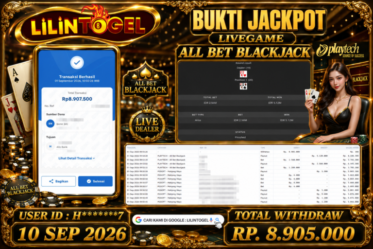 BUKTI WITHDRAW LILINTOGEL KEMENANGAN JACKPOT DI ALL BET BLACKJACK 01 Sep 2026