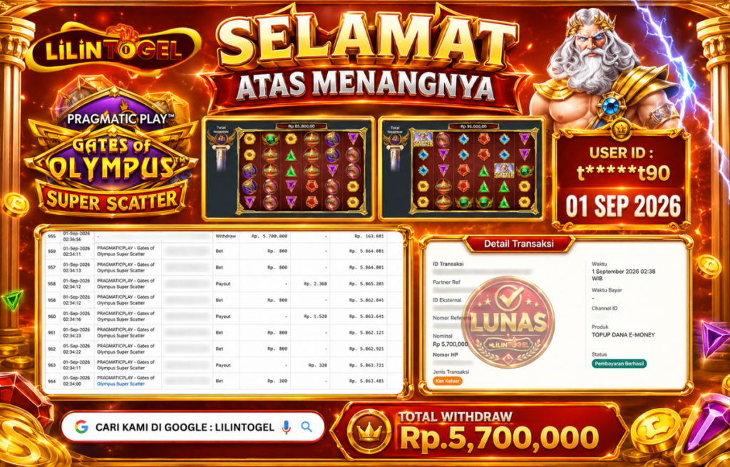 BUKTI WITHDRAW LILINTOGEL KEMENANGAN JACKPOT DI GATE OF OLYMPUS SUPER SCATTER 01 Sep 2026